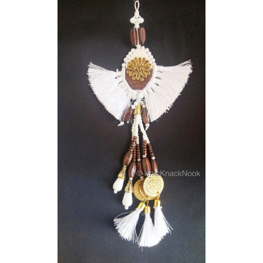 White Tassels With White Acrylic And Brown Wood Button In Kundan Stones, Wood Beads, Pearls